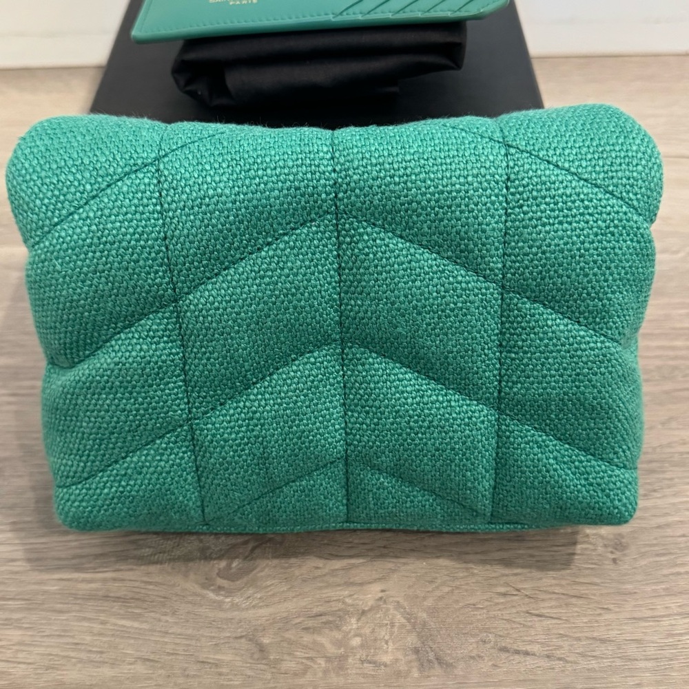 Saint Laurent Denim Quilted Loulou Puffer Monogram Pouch Clutch in Basil color - Picture 3 of 14